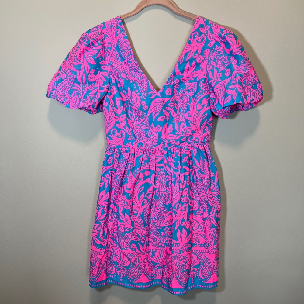 Lilly Pulitzer Pink Blue Floral Paisley Puff Sleeve Cutout Back Dress 4